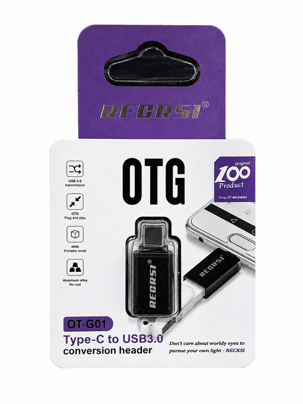 تبدیل OTG تایپ C به USB 3.0 رکرسی RECRSI مدل OT-G01 تک وعمده | مبدل Type-C به USB3 مناسب گوشی، تبلت و لپ تاپ