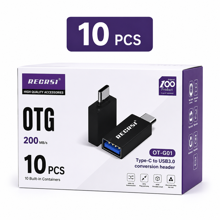 تبدیل OTG تایپ C به USB 3.0 رکرسی RECRSI مدل OT-G01 تک وعمده | مبدل Type-C به USB3 مناسب گوشی، تبلت و لپ تاپ