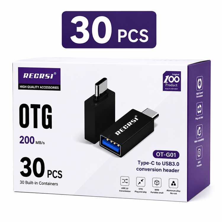 تبدیل OTG تایپ C به USB 3.0 رکرسی RECRSI مدل OT-G01 تک وعمده | مبدل Type-C به USB3 مناسب گوشی، تبلت و لپ تاپ