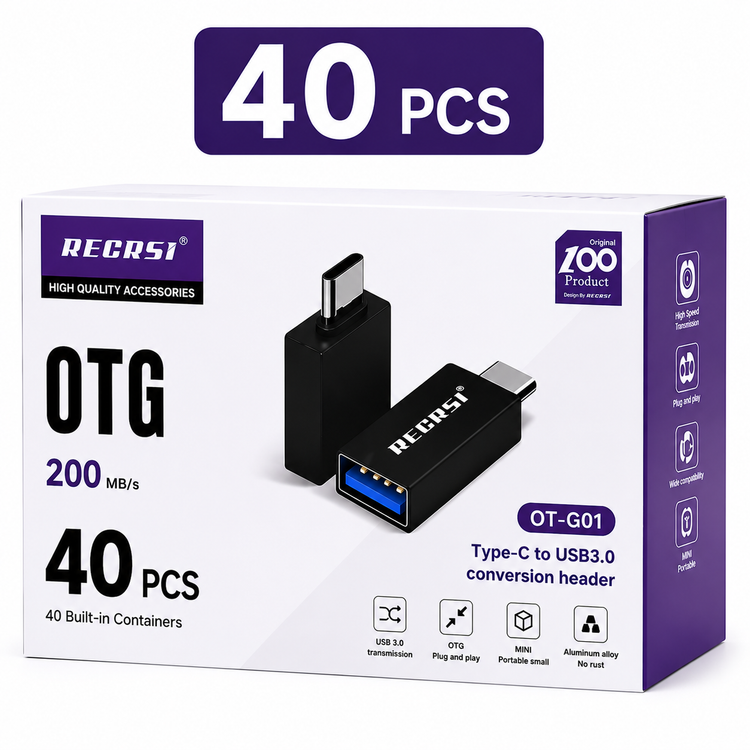 تبدیل OTG تایپ C به USB 3.0 رکرسی RECRSI مدل OT-G01 تک وعمده | مبدل Type-C به USB3 مناسب گوشی، تبلت و لپ تاپ