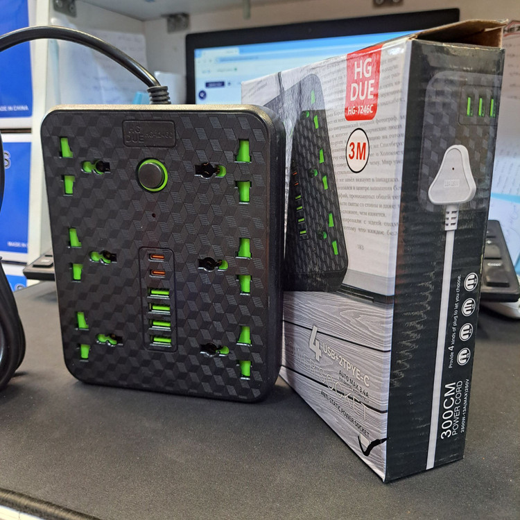 6 راهی برق HGDUE مدل HG-1246C با ۶ خروجی USB + TYPE-C تک و عمده